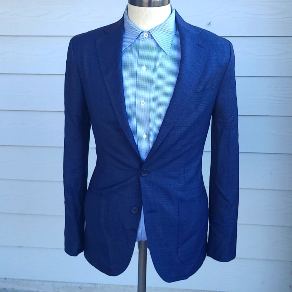KNOT STANDARD Custom Dark Blue Grey Plaid S130s Wool Sz 34 R Mens Sport Coat‎